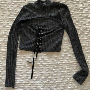 Topman Black Glitter Crop Top with Lace-Up Detail